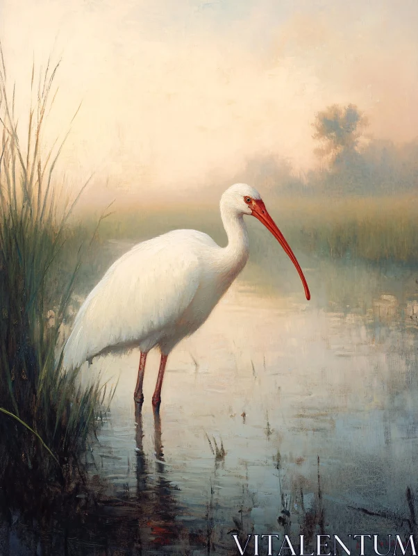 AI ART Graceful White Bird in Misty Wetland