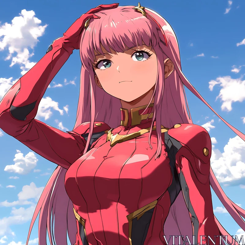 Anime Character with Pink Hair and Red Suit Posing Under Sky AI Image