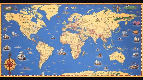 Vintage Cartography: World Map with Sailboats