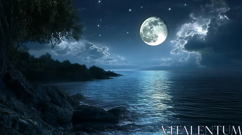 Night Seascape with Moon and Stars AI Image