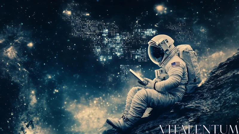 AI ART Lone Astronaut with Tablet on Distant Planet