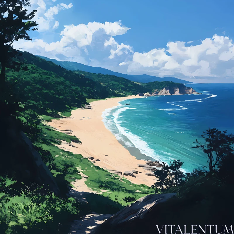 Seaside Landscape with Lush Green Hills AI Image