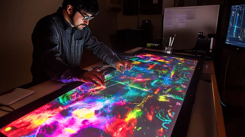 Man Creating Abstract Art on Glowing Display