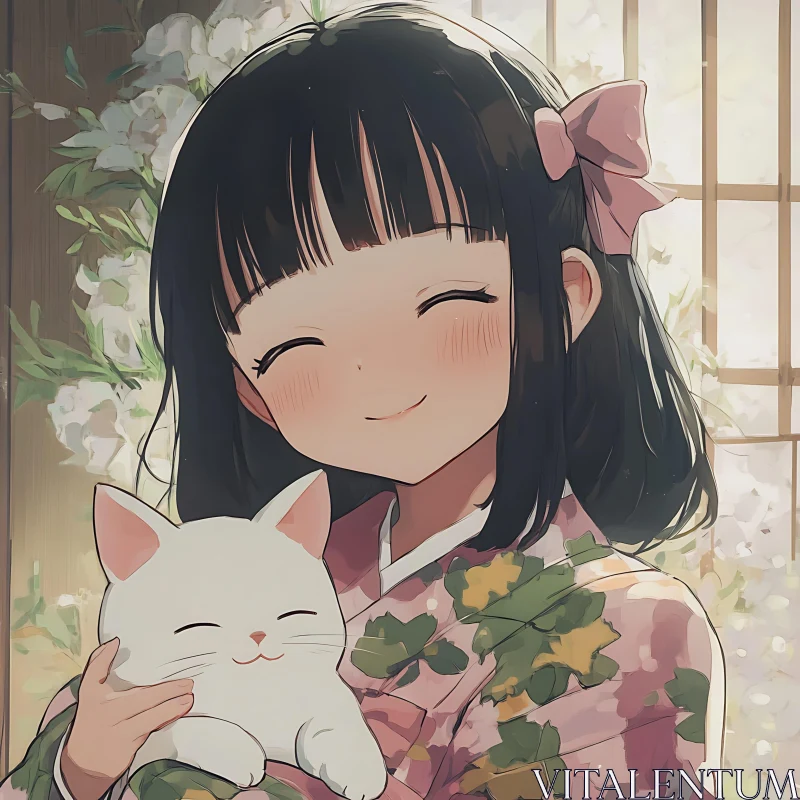 Anime Girl and White Cat in Floral Setting AI Image