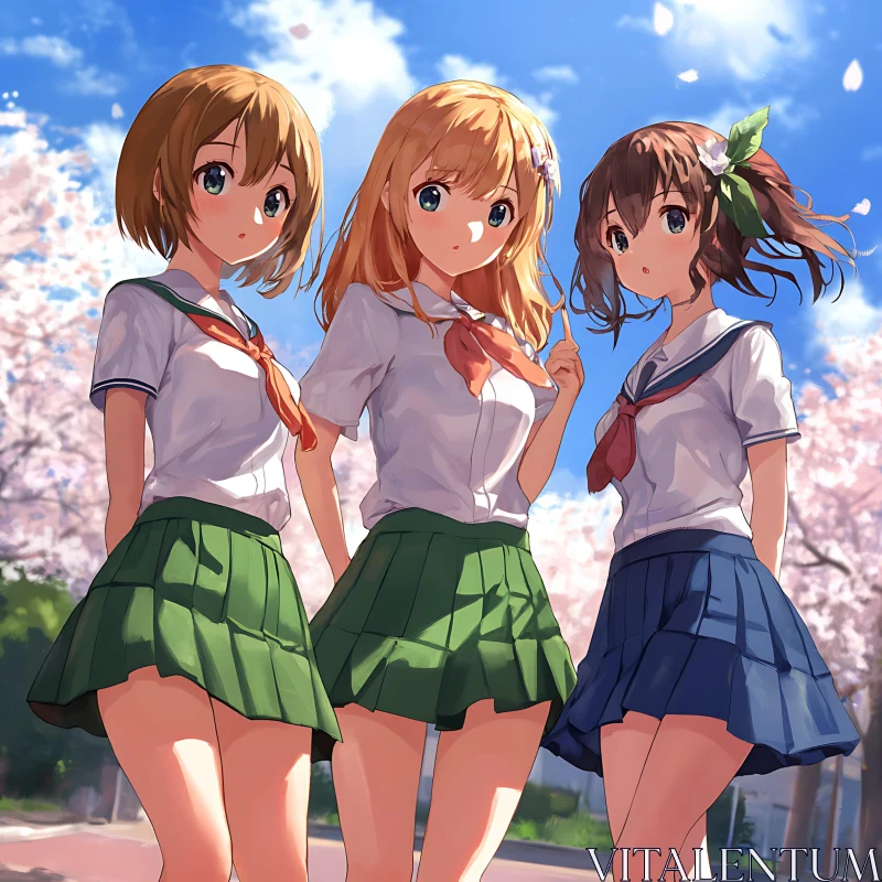 Anime Schoolgirls Outdoors AI Image