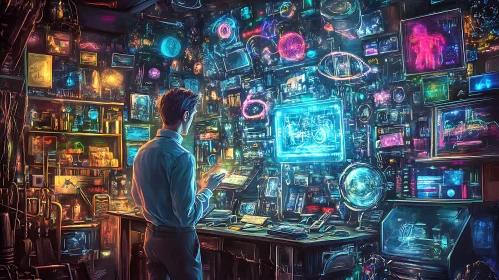 Man in a Room Full of Glowing Screens