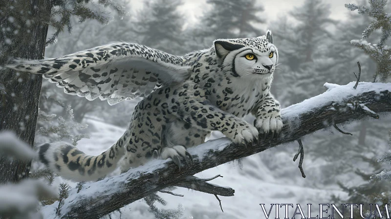 Fantasy Feline: Winged Leopard in Snow AI Image