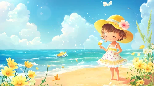 Girl with ice cream on a sunny beach