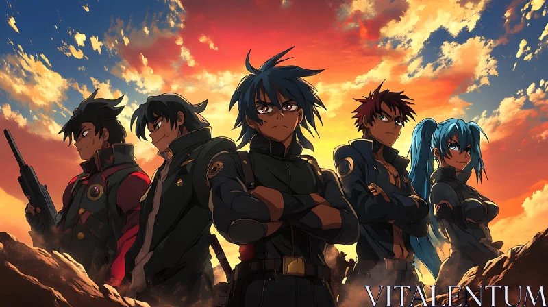 AI ART Dynamic Anime Team with Vibrant Sunset Backdrop