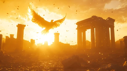 Golden Eagle Soaring Above Ancient Temple
