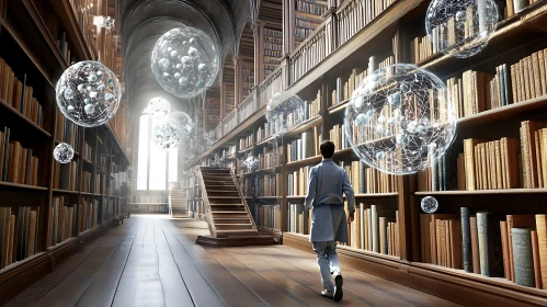 Man in Library with Digital Spheres