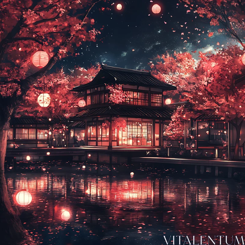 Tranquil Night in a Lantern-Lit Japanese Garden AI Image