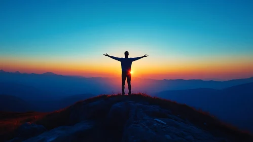 Silhouette on Mountain Peak at Sunrise