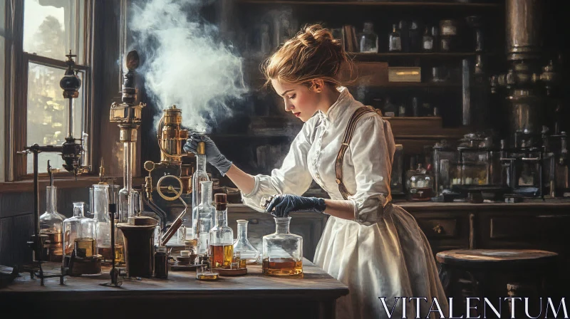 Old-fashioned Lab Scene with Female Scientist AI Image