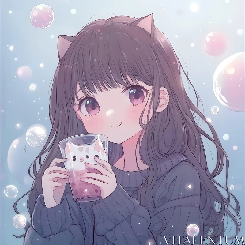 Charming Anime Girl with Drink and Bubbles AI Image