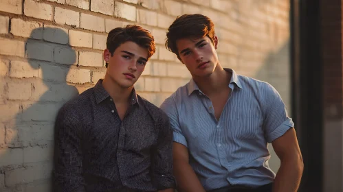 Two Men Posing Against Brick Wall