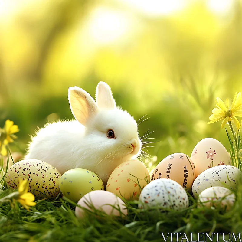 White Rabbit and Colorful Easter Eggs AI Image