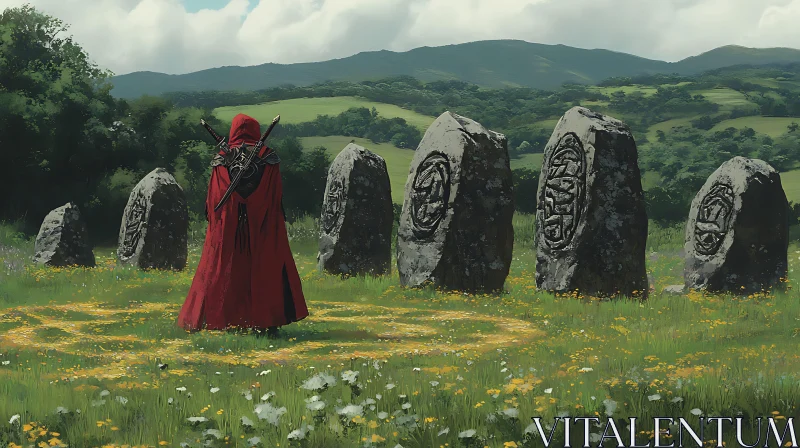 AI ART Red Cloak at Ancient Stone Circle