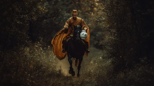 Equestrian Monk in Forest