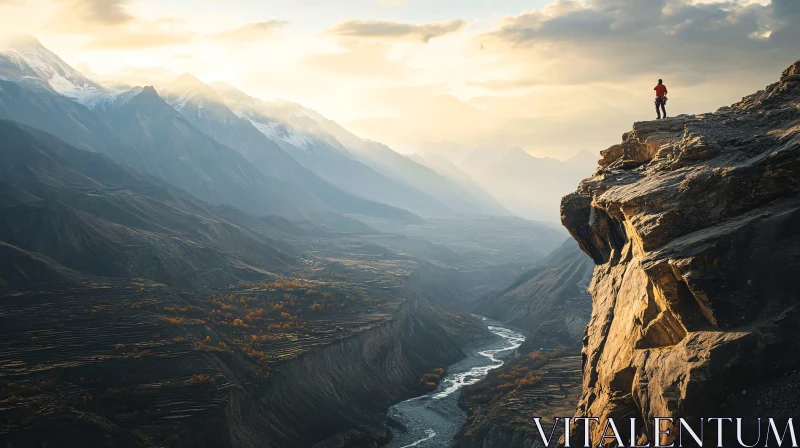 Cliffside Hiker Overlooking Mountain Valley AI Image