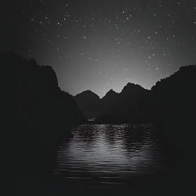 Monochrome Mountainscape Under Starry Night