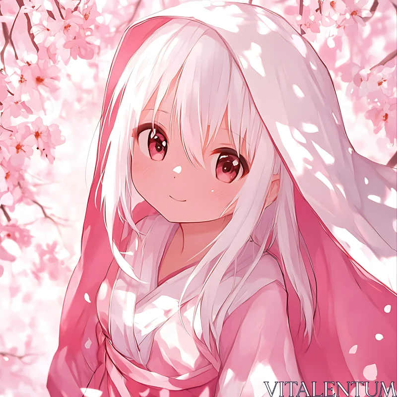 AI ART Anime Girl with White Hair in Cherry Blossom Background