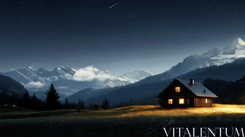 Night Cabin in the Mountains AI Image