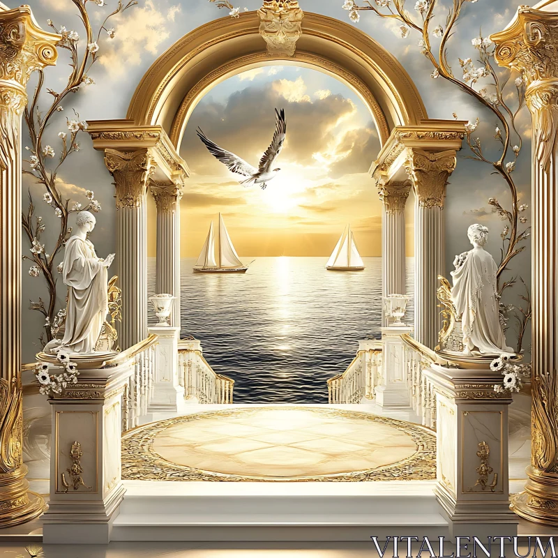 Tranquil Sea View with Classical Elements AI Image