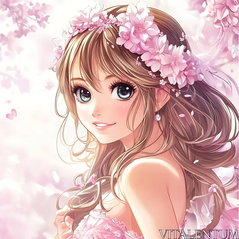 Anime Portrait of a Girl with Pink Flower Crown AI Image