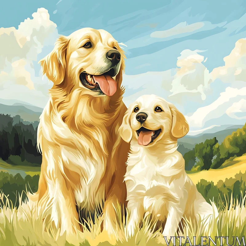 Happy Golden Retrievers in Nature AI Image