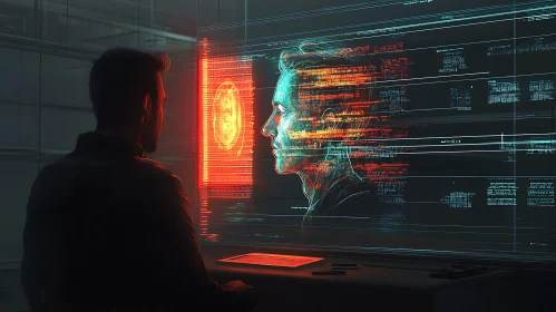 Man Contemplates Digital Future on Screen