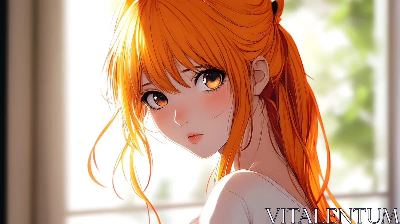 Illustration of Orange-Haired Anime Woman AI Image