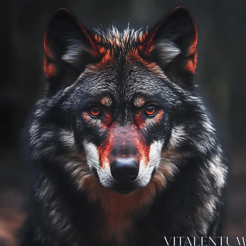 Wolf with Red Eyes in Dark Forest AI Image