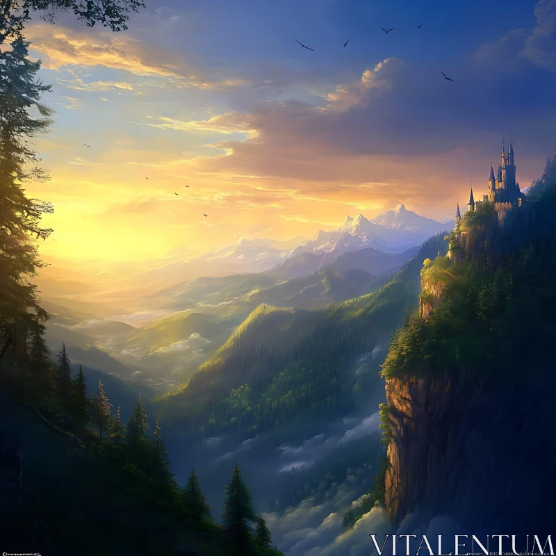 AI ART Sunset Mountain Castle Landscape