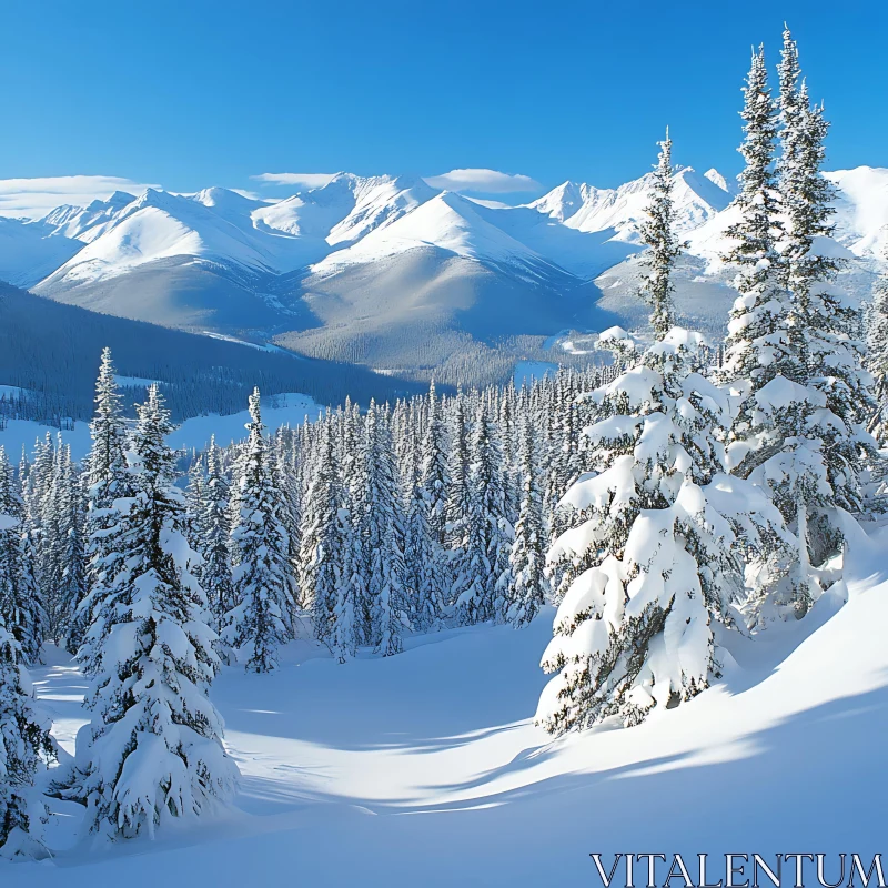 Snowy Mountain Scene with Evergreen Trees AI Image