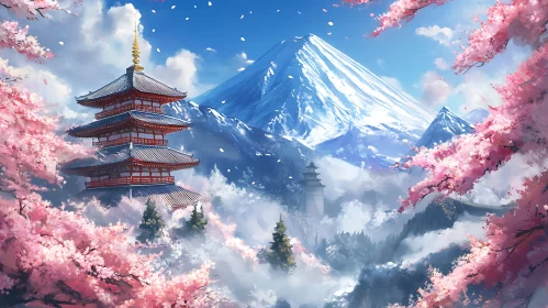 Mountain Landscape with Pagoda and Flowers