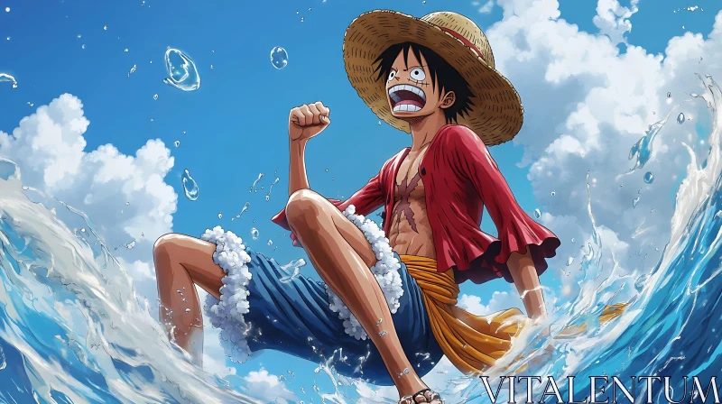 Straw Hat Anime Character Riding a Wave AI Image