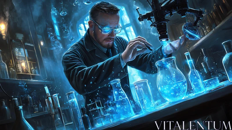 Blue Lit Science Lab Experiment AI Image