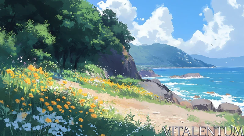 Picturesque Ocean View with Floral Meadow AI Image