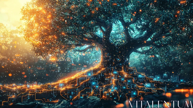 Neon Circuit Tree: A Fusion of Nature AI Image