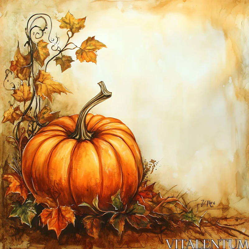 Watercolor Pumpkin with Autumnal Foliage AI Image