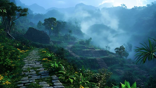 Lush Jungle Landscape with Stone Pathway