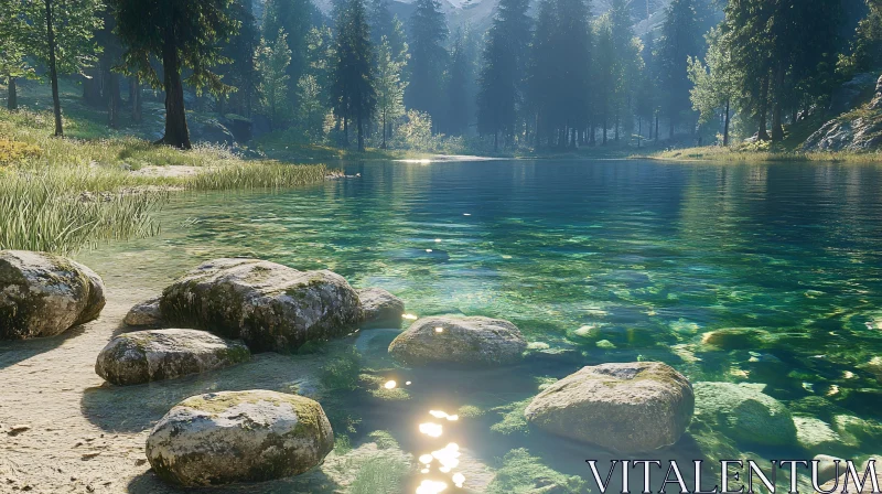 Tranquil Forest Lake with Clear Water AI Image