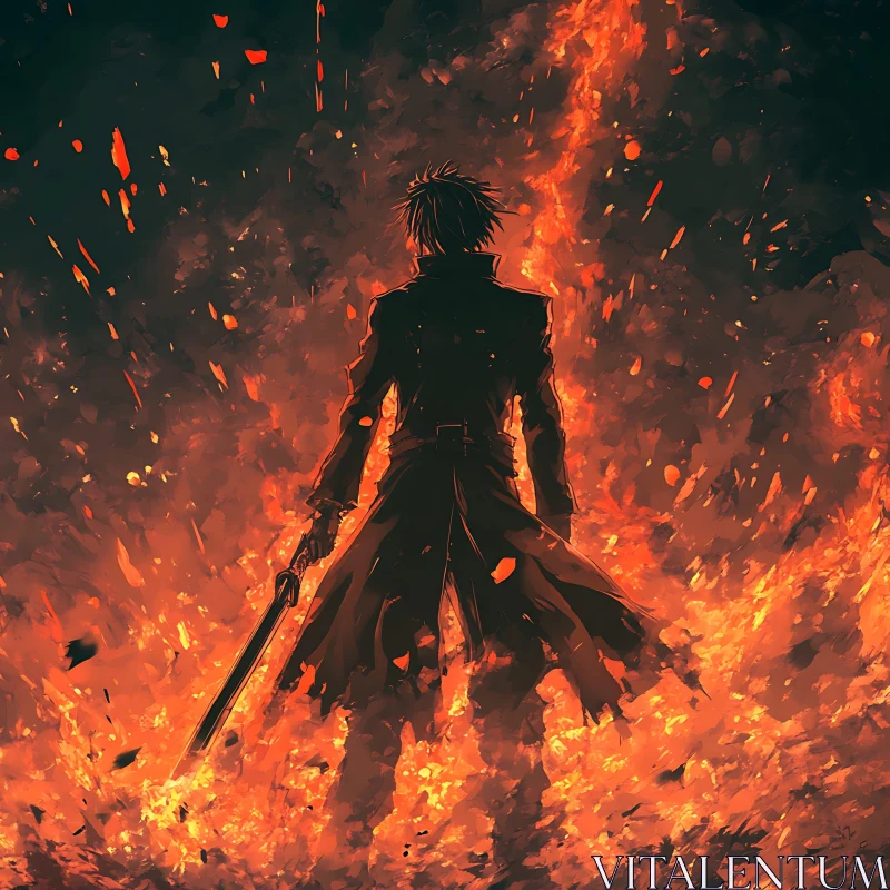 Fiery Anime Scene with Sword-Wielding Character AI Image