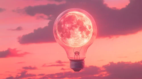 Surreal Light Bulb Moon Concept in Pink Sky