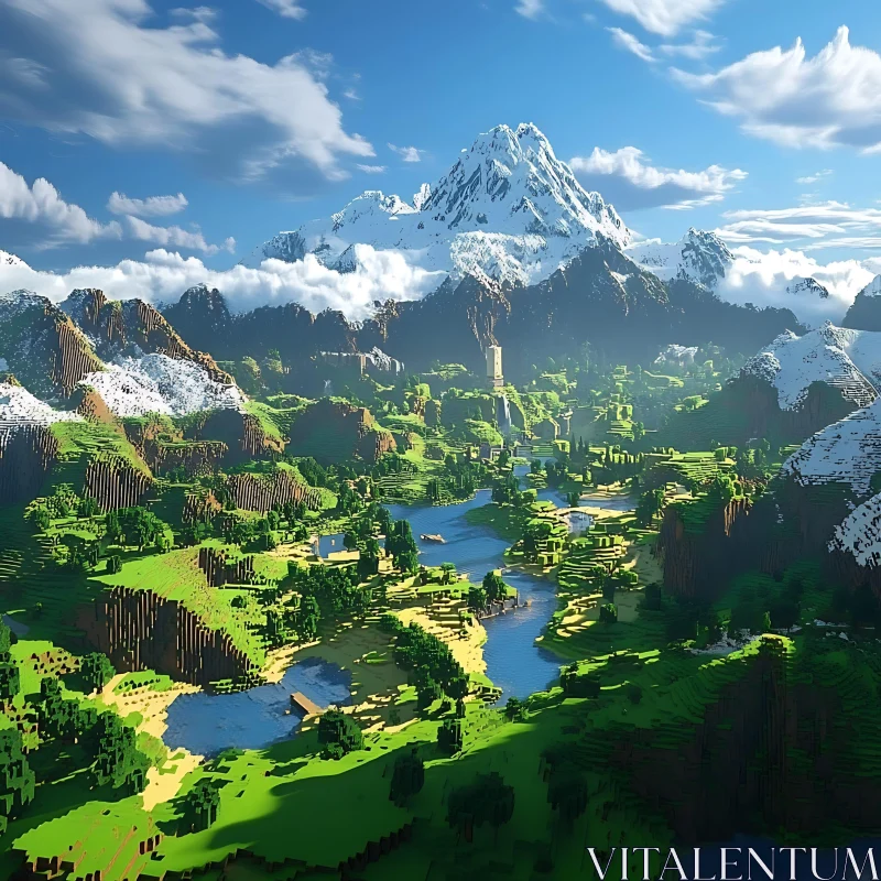 Minecraft-Style Mountainous Landscape AI Image