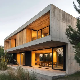 Contemporary Two-Story Concrete Home with Warm Interior Lighting