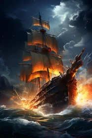 Flaming Sailing Ship Amidst Storm