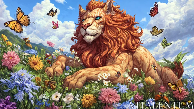 AI ART Fantasy Lion with Butterflies