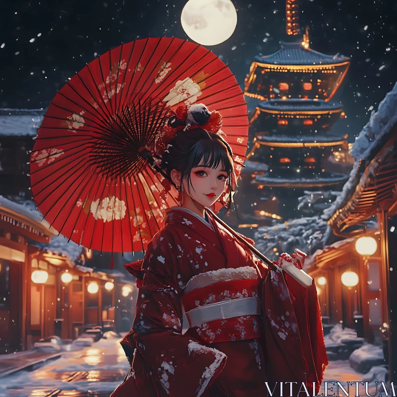 Geisha Under Moonlight in Snowy Setting AI Image